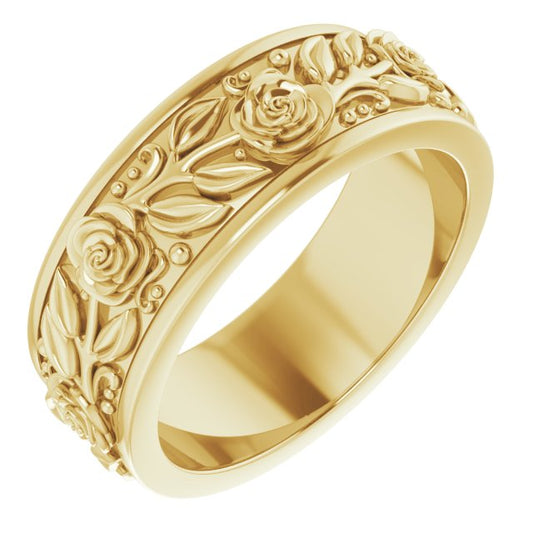 18K Yellow Gold 7 Mm Polished Floral Standard-Fit Flat Band, Size 7