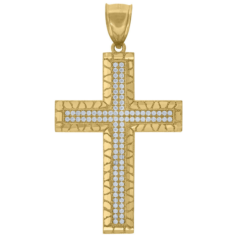 10kt Yellow Gold Unisex Cubic-Zirconia Nugget Textured Cross Religious Charm Pendant