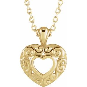 14K Yellow Gold 12.93 X 10.11 Mm 16-18 In Polished Filigree Pierced Heart Necklace