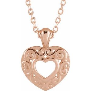 14K Rose Gold 12.93 X 10.11 Mm 16-18 In Polished Filigree Pierced Heart Necklace