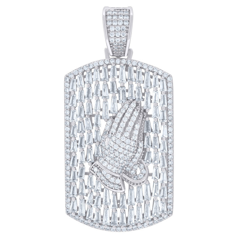 925 Sterling Silver Mens Round & Baguette Cubic-Zirconia Dog Tag Praying Hands Symbol Religious Charm Pendant