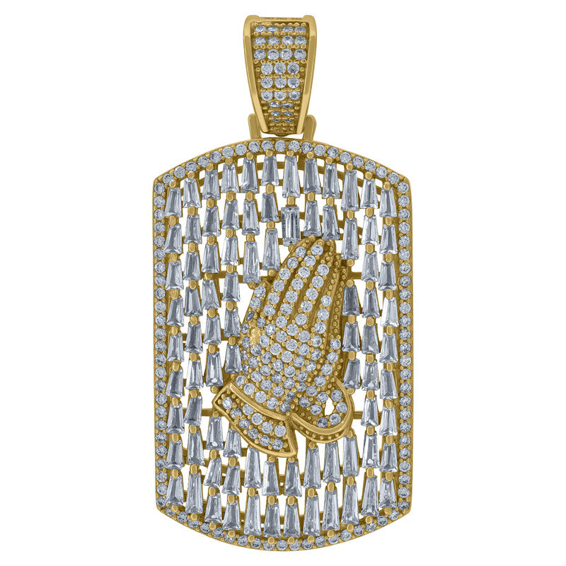 925 Sterling Silver Mens Round & Baguette Cubic-Zirconia Dog Tag Praying Hands Symbol Religious Charm Pendant