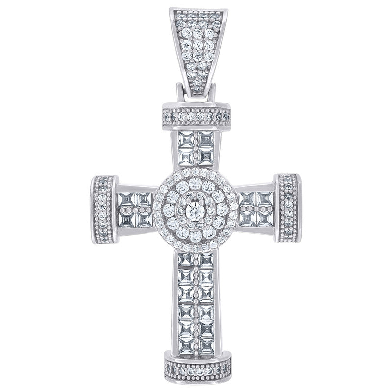 925 Sterling Silver Mens Round & Princess-Cut Cubic-Zirconia Cross Religious Charm Pendant