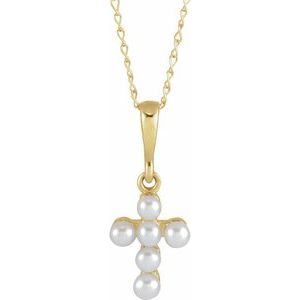 14K Yellow Gold Pearl 2 Mm  Cultured White Seed Pearl Youth Cross Necklace, Length: 16 In