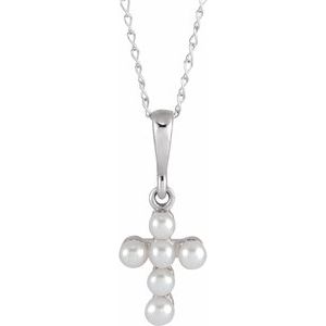 14K White Gold Pearl 2 Mm  Cultured White Seed Pearl Youth Cross Necklace, Length: 16 In
