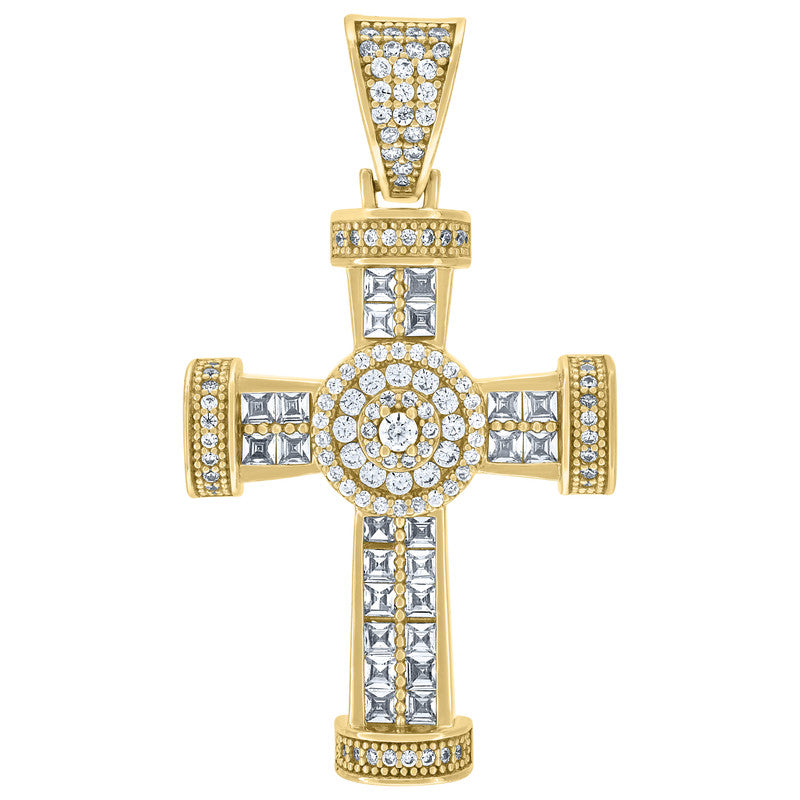 925 Sterling Silver Mens Round & Princess-Cut Cubic-Zirconia Cross Religious Charm Pendant