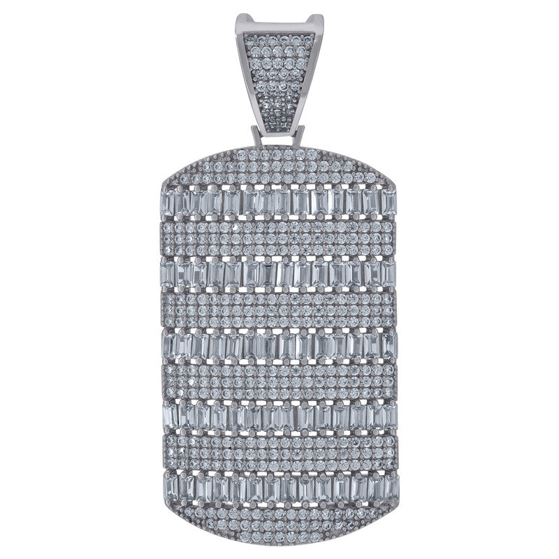925 Sterling Silver Mens Round & Baguette Cubic-Zirconia Dog Tag Fashion Charm Pendant
