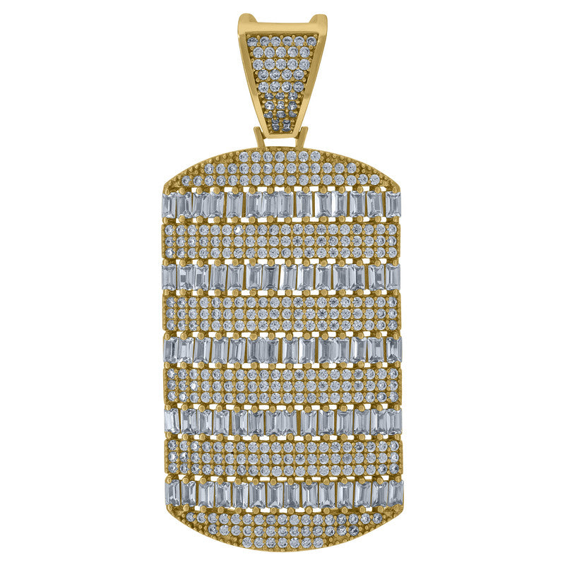 925 Sterling Silver Mens Round & Baguette Cubic-Zirconia Dog Tag Fashion Charm Pendant