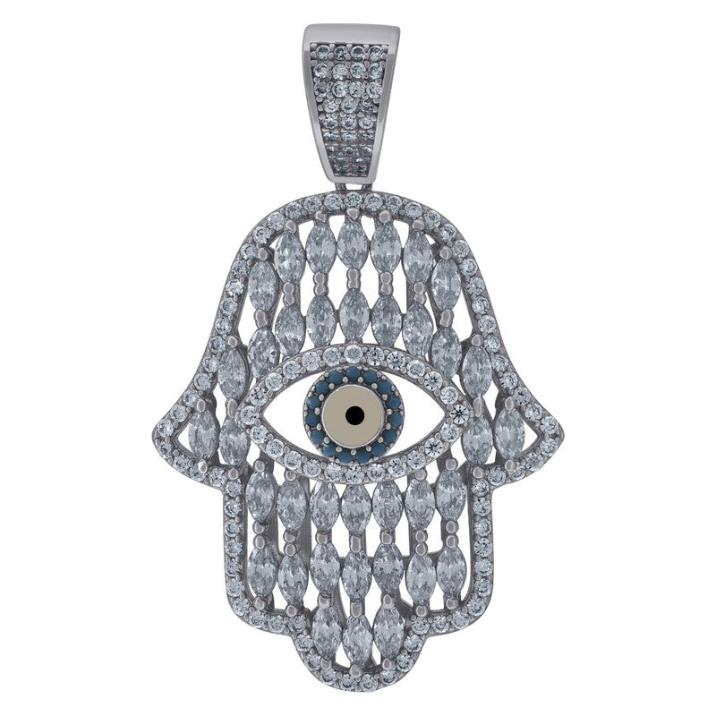 925 Sterling Silver Mens Blue Round & Marquise Cubic-Zirconia Humsa Symbol Religious Charm Pendant