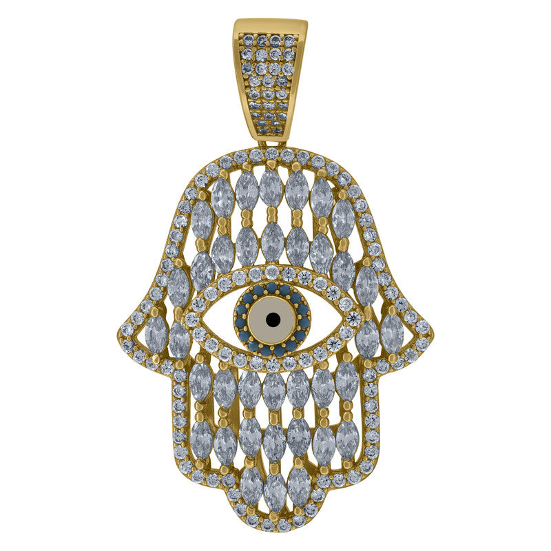 925 Sterling Silver Mens Blue Round & Marquise Cubic-Zirconia Humsa Symbol Religious Charm Pendant