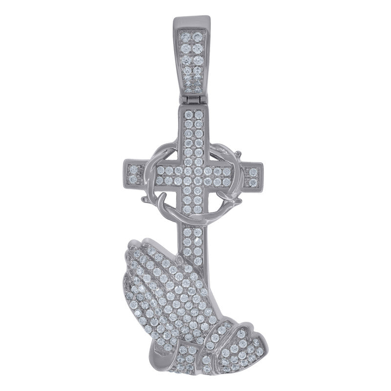 925 Sterling Silver Mens Cubic-Zirconia Praying Hands Cross Religious Charm Pendant