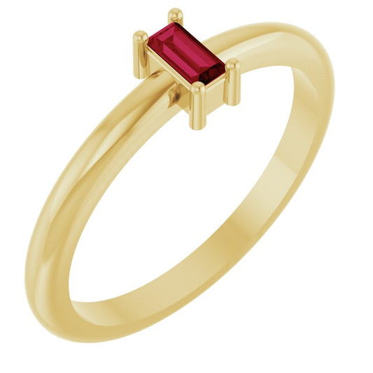 14K Yellow Gold Straight Baguette 4 X 2 Mm Polished Natural Ruby Stackable Ring, Size 7