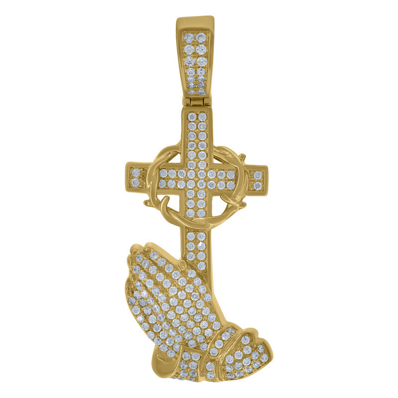 925 Sterling Silver Mens Cubic-Zirconia Praying Hands Cross Religious Charm Pendant