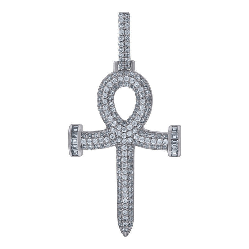 925 Sterling Silver Unisex Cubic Zirconia Ankh Cross Religious Charm Pendant