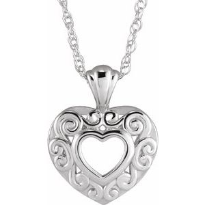 14K White Gold 12.93 X 10.11 Mm 14 In Polished Youth Filigree Pierced Heart Necklace