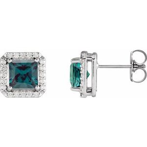 14K White Gold Square 4 X 4Mm I1, G-H Lab-Grown Alexandrite And .08 Ctw Natural Diamond 4-Prong Friction Back Halo-Style Basket Earrings