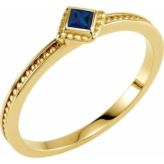 14K Yellow Gold Square 2.5 X 2.5 Mm Polished Natural Blue Sapphire Stackable Family Ring, Size 7