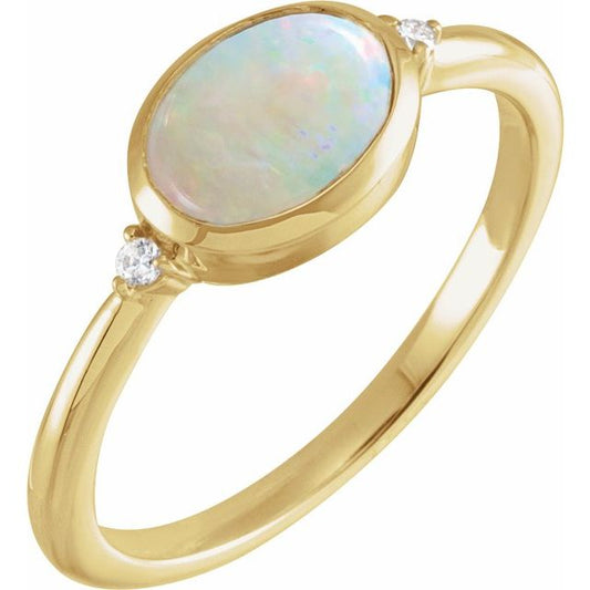 14K Yellow Gold Oval 10 X 8 Mm Polished Natural Ethiopian Opal And .03 Ctw Natural Diamond Bezel-Set Cabochon Ring, Size 7
