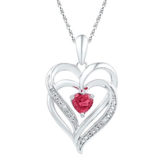 Sterling Silver Womens Round Synthetic Ruby & Diamond Heart Pendant .01 Cttw, Width: 0.63 In