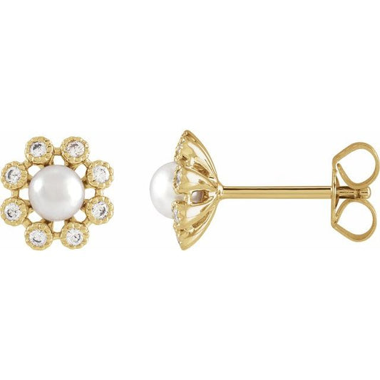 14K Yellow Gold 4Mm I1, H+ Friction Polished Cultured White Freshwater Pearl And 1/8 Ctw Diamond Earrings With Backs