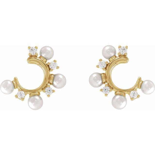 14K Yellow Gold 4.5Mm I1, H+ Friction Polished Cultured White Freshwater Pearl And 1/3 Ctw Natural Diamond Hoop Earrings With Backs