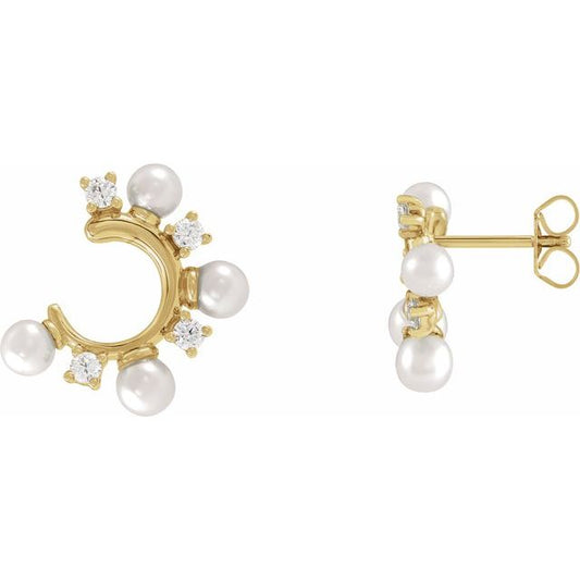 14K Yellow Gold 4.5Mm I1, H+ Friction Polished Cultured White Freshwater Pearl And 1/3 Ctw Natural Diamond Hoop Earrings With Backs
