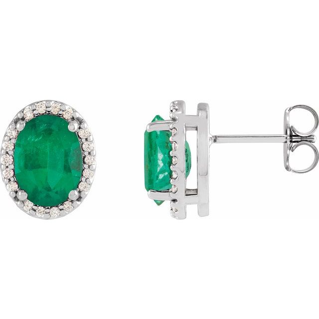 14K White Gold Oval 6 X 4 Mm Friction Backs Polished Lab-Grown Emerald And .06 Ctw Natural Diamond Halo-Style Basket Earrings