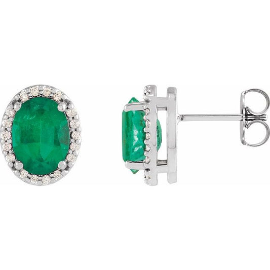 14K White Gold Oval 6 X 4 Mm Friction Backs Polished Lab-Grown Emerald And .06 Ctw Natural Diamond Halo-Style Basket Earrings