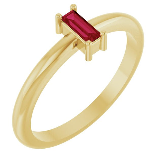 14K Yellow Gold Straight Baguette 5 X 2 Mm Polished Natural Ruby Stackable Ring, Size 7