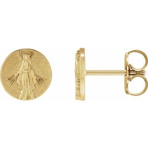 14K Yellow Gold 8 X 8 Mm Pair Friction Backs Included Polished Tiny Miraculous Medal Stud Earrings