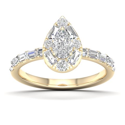 14K Yellow Gold 0.90 Cttw Baguette Diamond Ladies "Pear" Ring