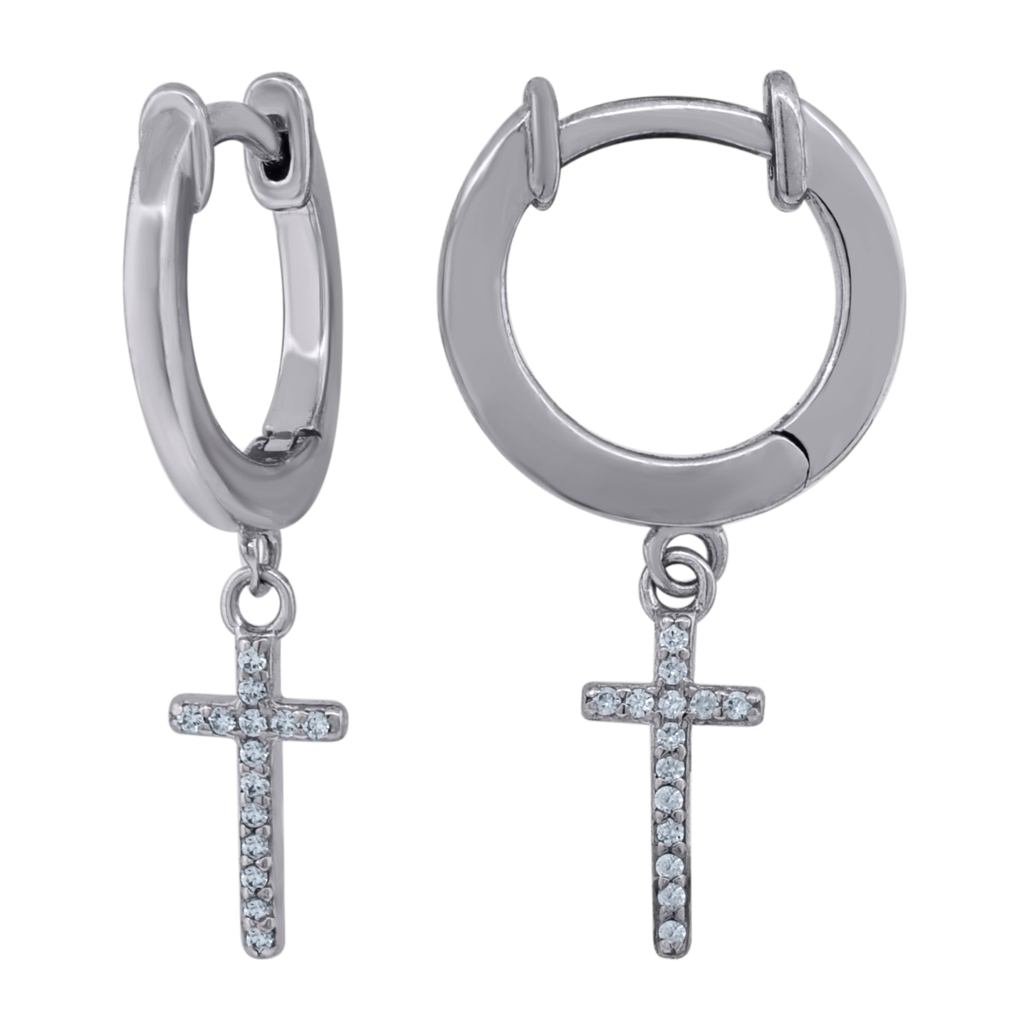 Sterling Silver Or Yellow-Tone Unisex Cubic-Zirconia Cross Religious Dangle Hoop Earrings