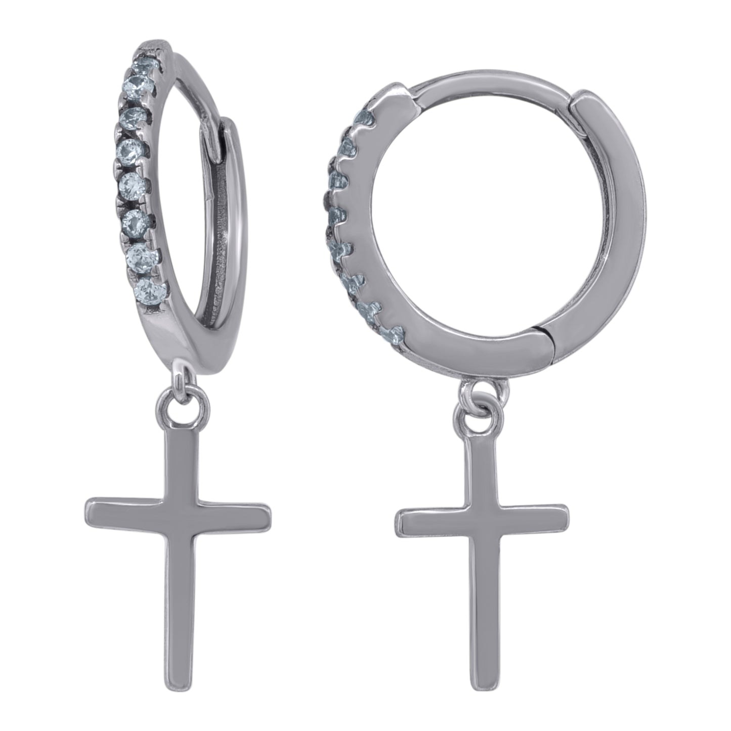 Sterling Silver Or Yellow-Tone Unisex Cubic-Zirconia Cross Religious Dangle Hoop Earrings