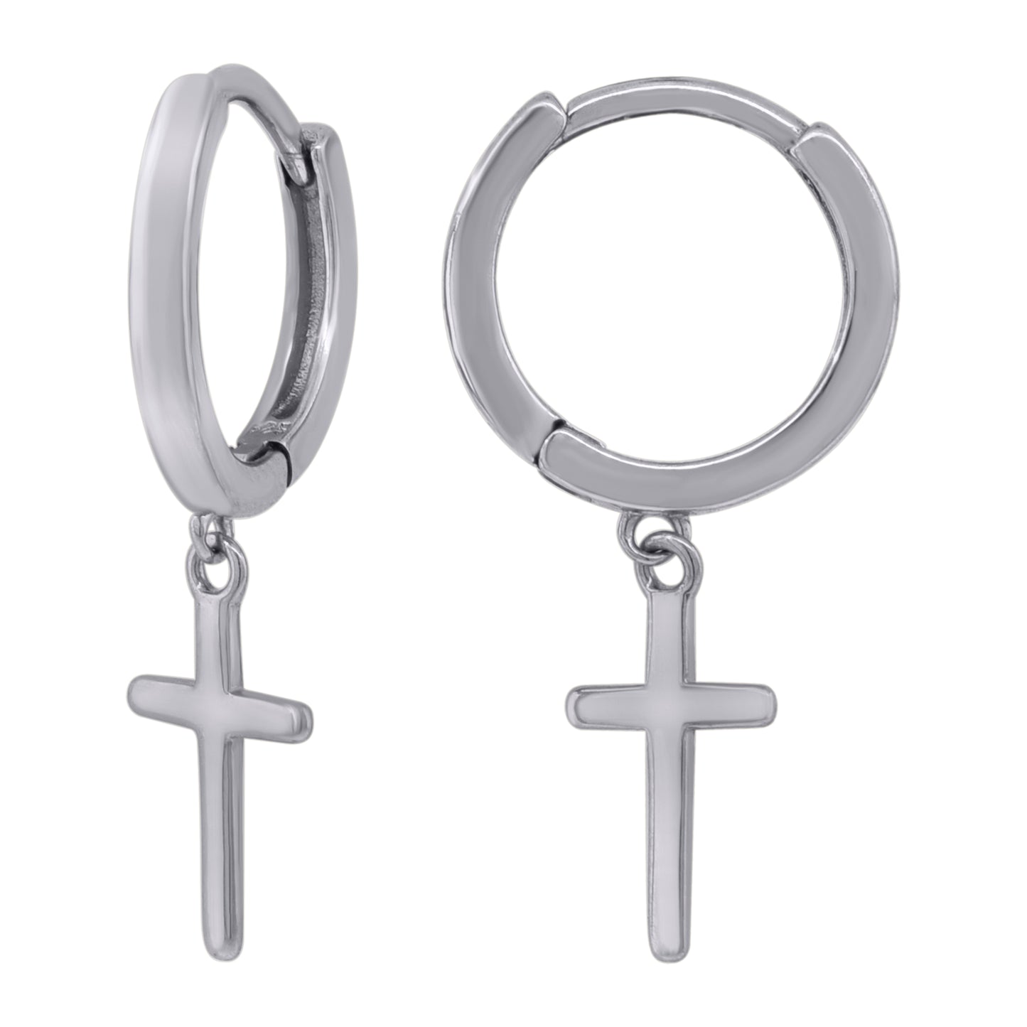 Sterling Silver Or Yellow-Tone Unisex Cross Religious Dangle Hoop Earrings