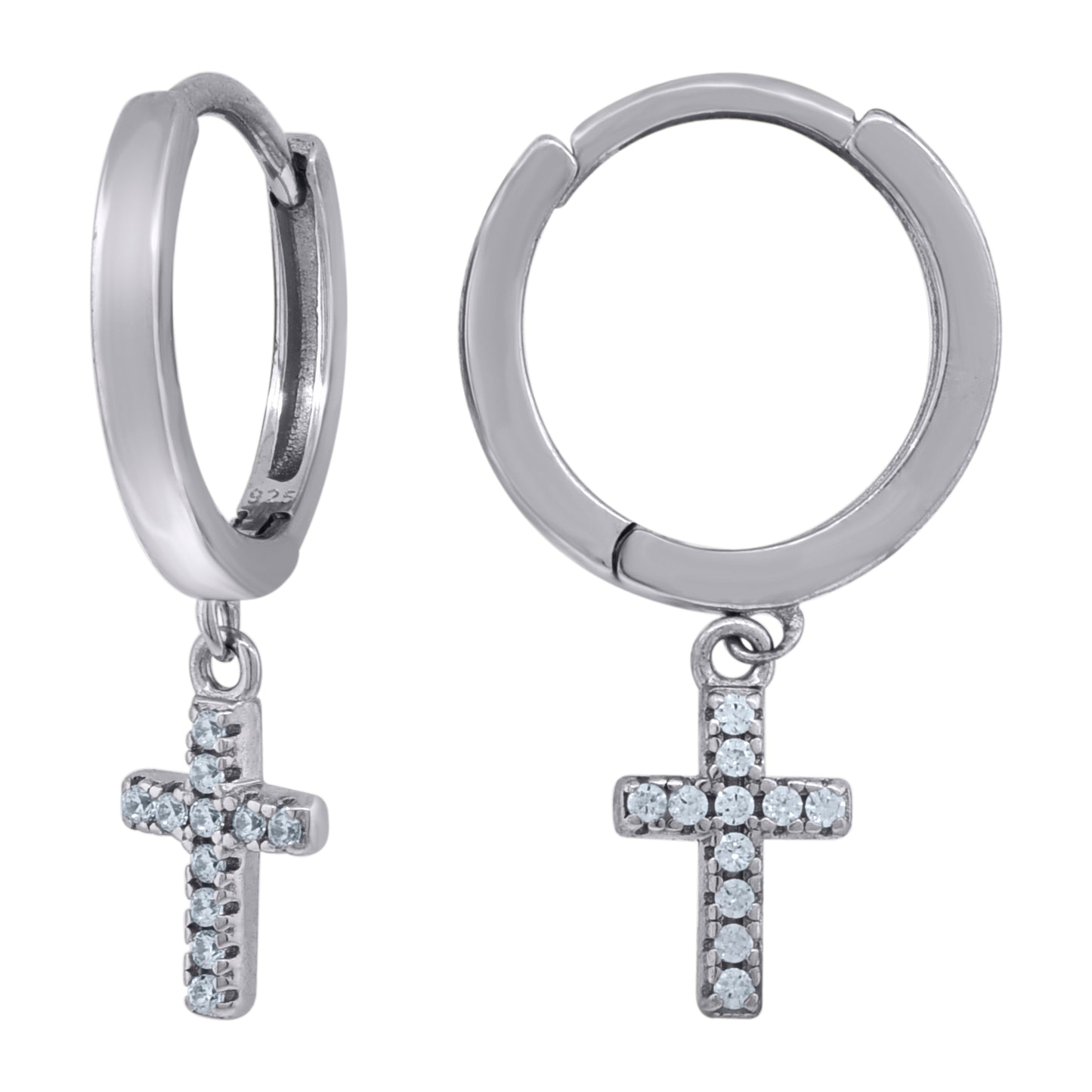 Sterling Silver Or Yellow-Tone Unisex Cubic-Zirconia Cross Religious Dangle Hoop Earrings