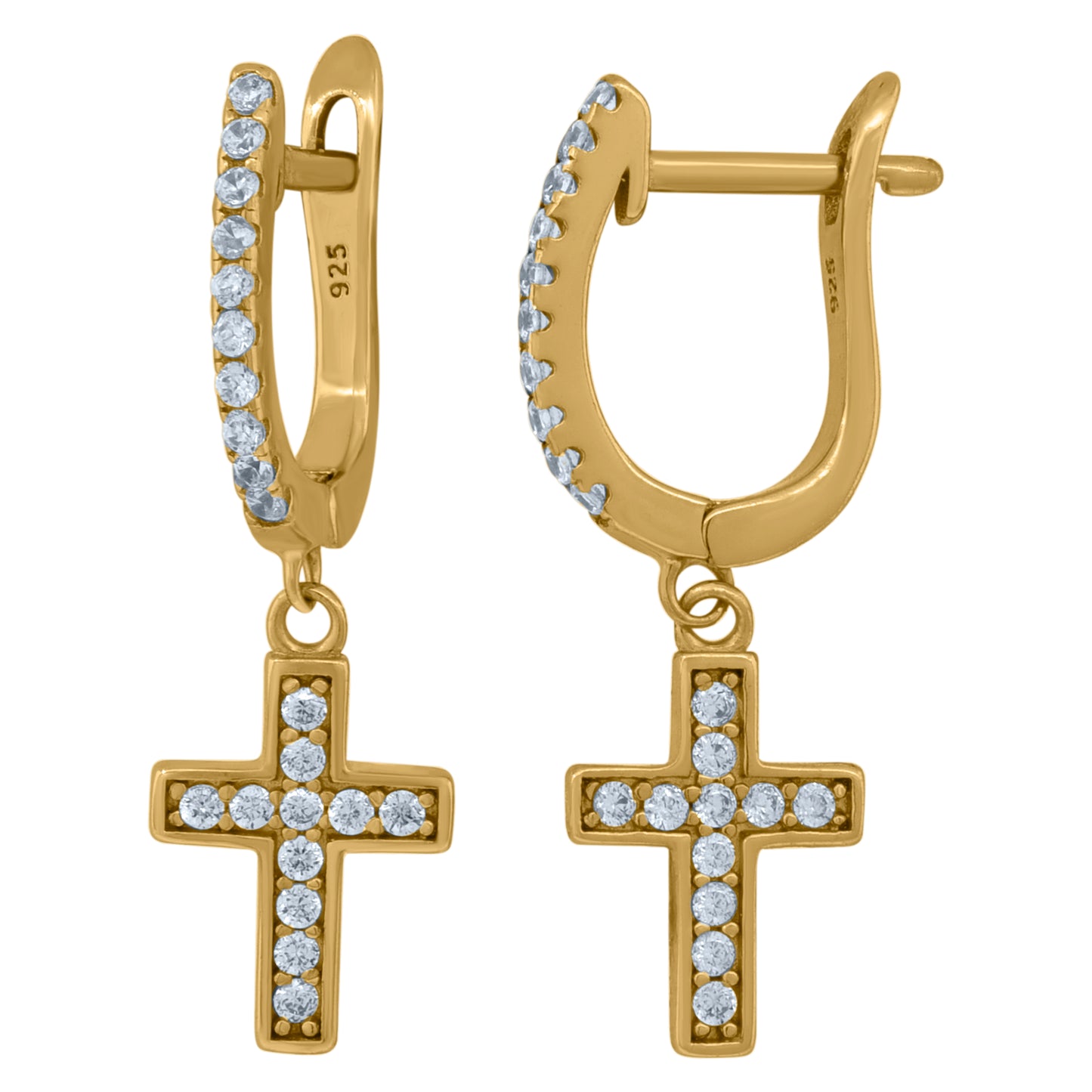 Sterling Silver Or Yellow-Tone Unisex Cubic-Zirconia Cross Religious Dangle Hoop Earrings