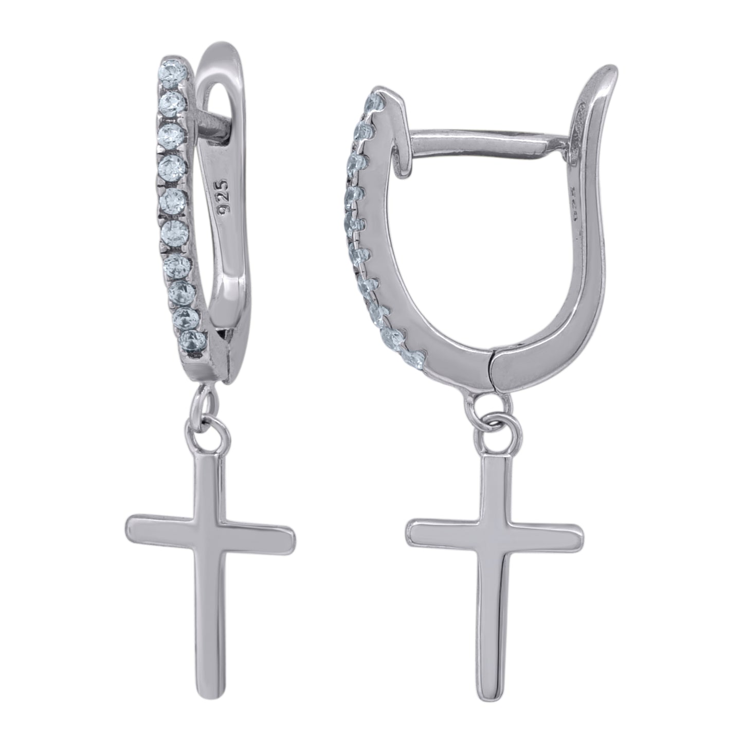 Sterling Silver Or Yellow-Tone Unisex Cubic-Zirconia Cross Religious Dangle Hoop Earrings