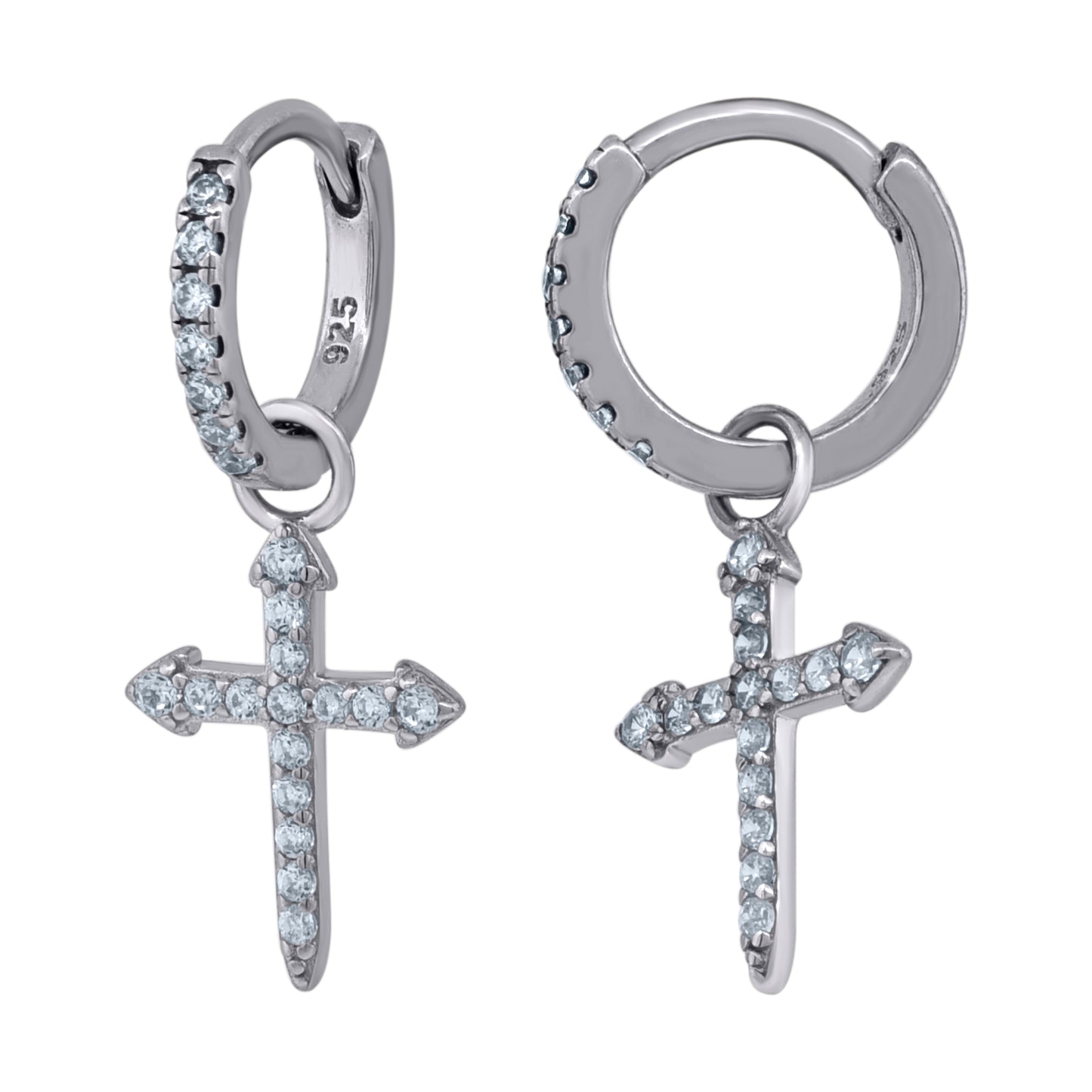 Sterling Silver Or Yellow-Tone Unisex Cubic-Zirconia Cross Religious Dangle Hoop Earrings