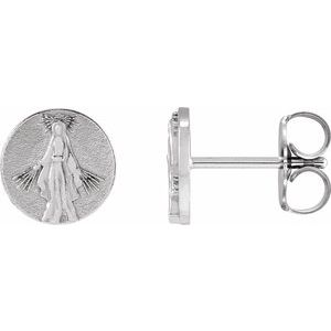 14K White Gold 8 X 8 Mm Pair Friction Backs Included Polished Tiny Miraculous Medal Stud Earrings