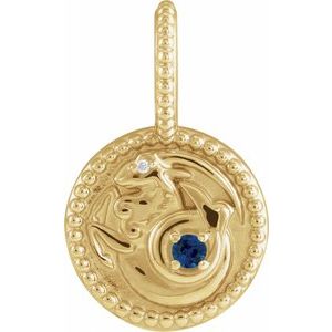 14K Yellow Gold Zodiac Capricorn Round 2 Mm G-H I1 Natural Blue Sapphire And .0025 Ct Natural Diamond Capricorn Pendant