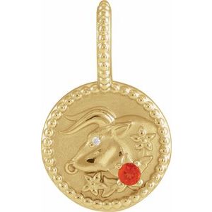 14K Yellow Gold Zodiac Taurus Round 2 Mm G-H I1 Natural Mexican Fire Opal And .0025 Ct Natural Diamond Taurus Pendant