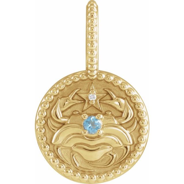14K Yellow Gold Or Sterling Silver Round 2 Mm I1, G-H Polished Natural Aquamarine And .0025 Ct Natural Diamond Cancer Charm/Pendant
