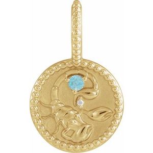 14K Yellow Gold Zodiac Scorpio Round 2 Mm G-H I1 Natural Blue Zircon And .0025 Ct Natural Diamond Scorpio Pendant