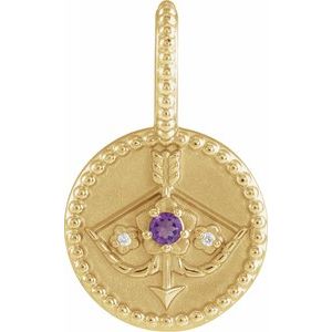 14K Yellow Gold Zodiac Sagittarius Round 2 Mm G-H I1 Natural Amethyst And .005 Ctw Natural Diamond Sagittarius Pendant