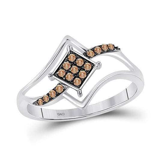 10K White Gold Womens Round Brown Diamond Square Cluster Ring 1/6 Cttw, Womens Size: 5-10