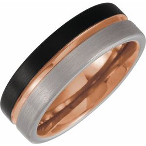 18K Rose Gold PVD & Black PVD Tungsten 8 mm Flat Satin Grooved Band Size 11