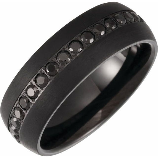 Tungsten 8 Mm Polished Imitation Black Zircon Dome Comfort-Fit Band With Black Pvd
