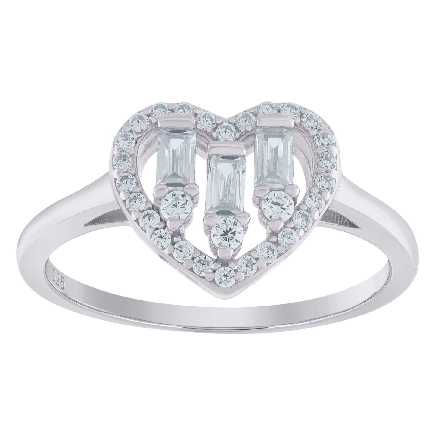Sterling Silver Womens Baguette Cubic-Zirconia Heart Bridal Anniversary Wedding Engagement Band Ring