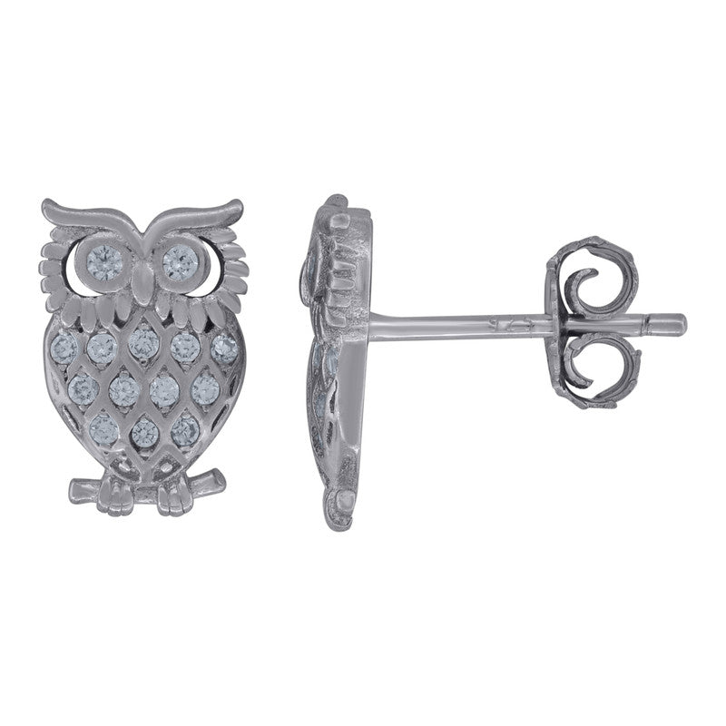 925 Sterling Silver Womens Cubic-Zirconia Owl Bird Stud Earrings