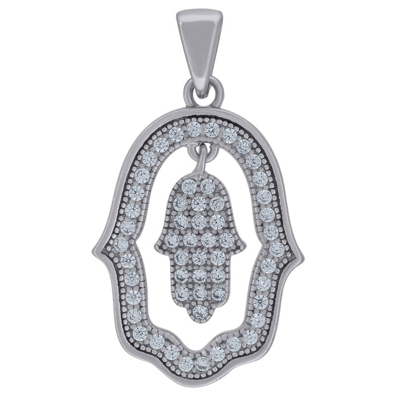 925 Sterling Silver Unisex Cubic-Zirconia Humsa Symbol Religious Charm Pendant
